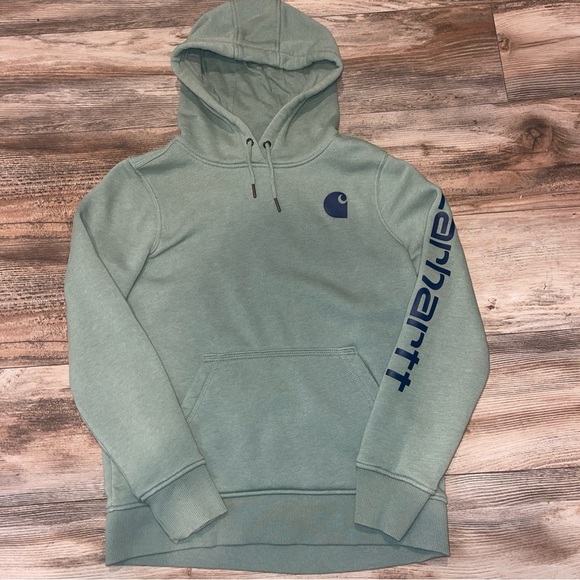 Carhartt Womens Size S 4-6 Relaxed Fit Midweight Green Graphic Hoodie Sweatshirt - Picture 1 of 3